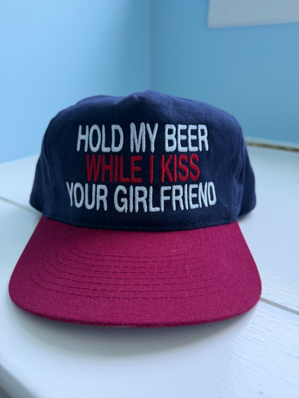 Hold My Beer While I Kiss Your Girlfriend Hat - Navy & Red